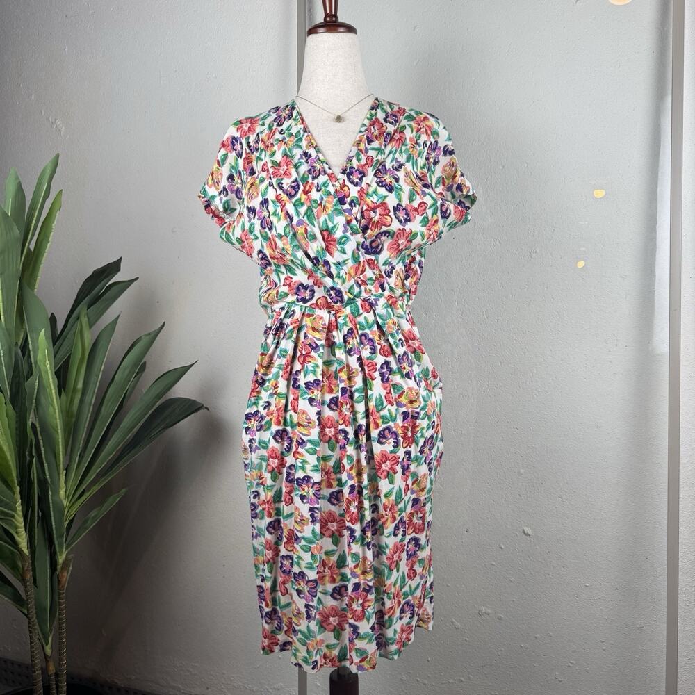 Vintage 90s Floral Short‎ Sleeve Dress Small Petite Cottagecore Coquette Pockets